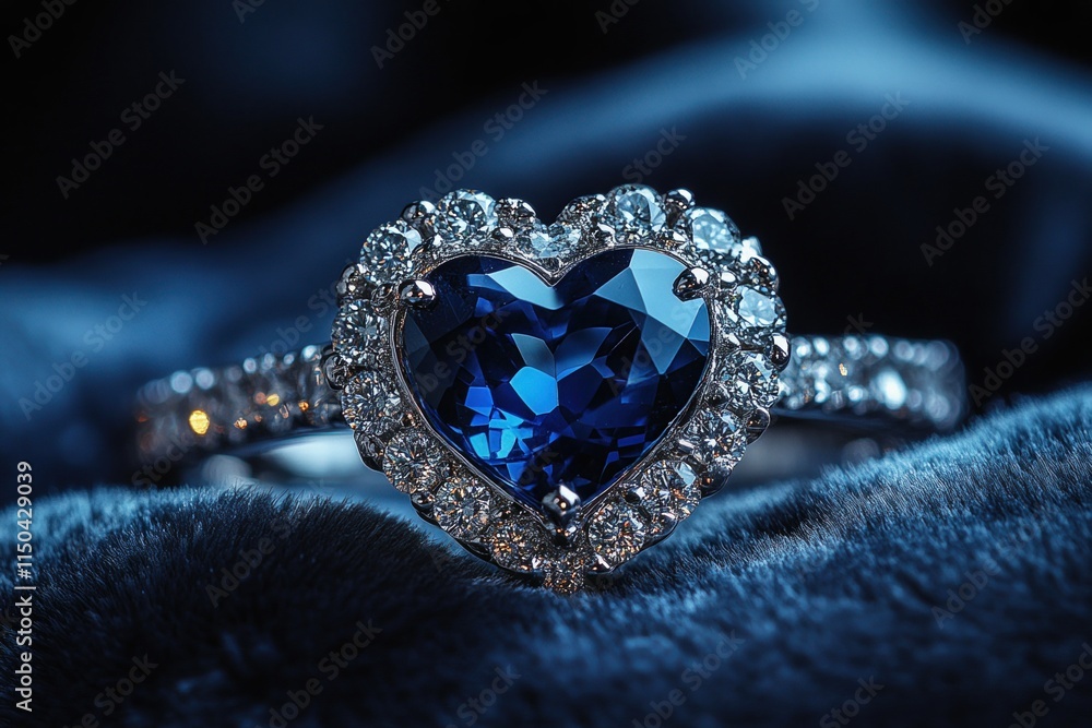 Elegant Heart Shaped Sapphire Ring with Diamonds for Valentine's Gift, Romantic Jewelry Closeup with Luxury Setting, Gemstone Love Concept Elegant Heart Shaped Sapphire Ring with Diamonds for Valentine's Gift, Romantic Jewelry Closeup with Luxury Setting, Gemstone Love Concept