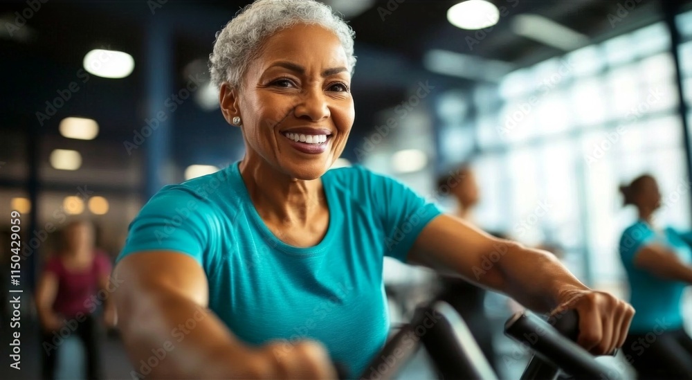 Fototapeta premium Active Lifestyle: Senior African American Woman Participating in Gym Fitness for Healthy Aging and Active Living