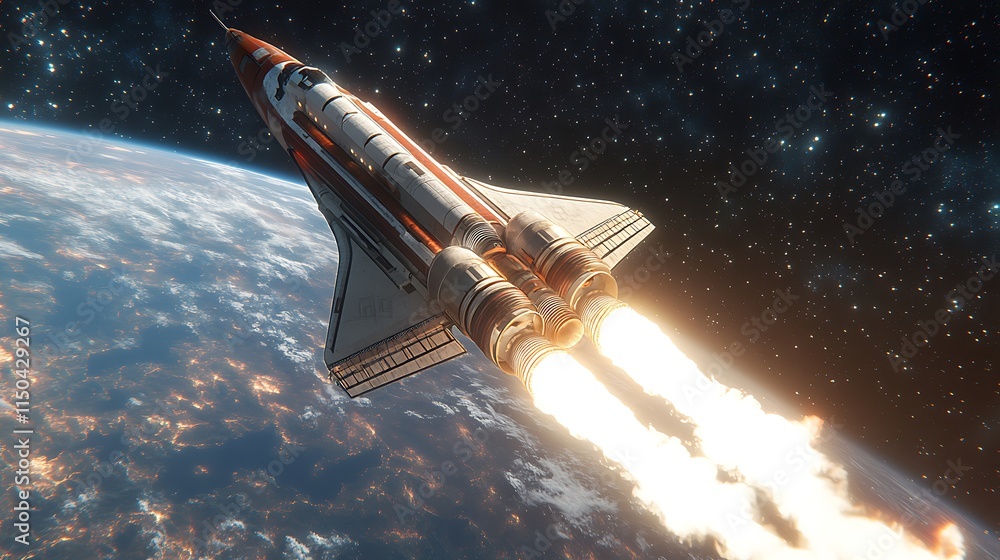 Fototapeta premium Space ship rocket shuttle is soaring in the sky with Earth planet