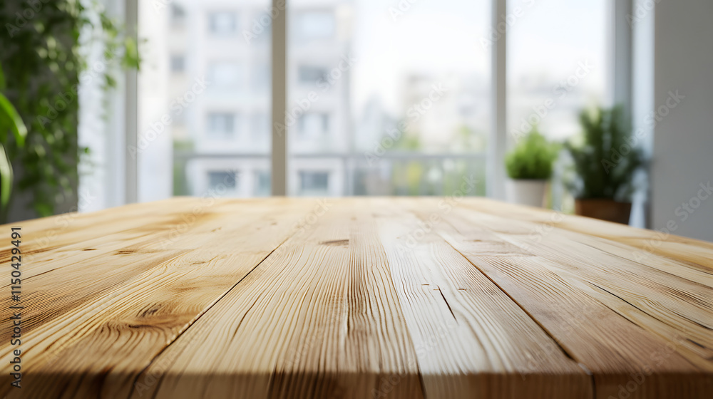 A Scandinavian-style ash wood table in a minimalist interior viewed from eye level. A Scandinavian-style ash wood table in a minimalist interior viewed from eye level.