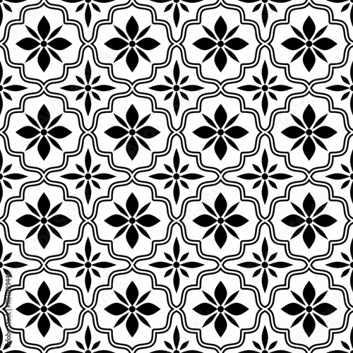 Seamless black and white geometric pattern, consisting of repeating symmetrical floral shapes. Suitable for backgrounds, wallpapers, textile designs, prints, decorative projects, etc.