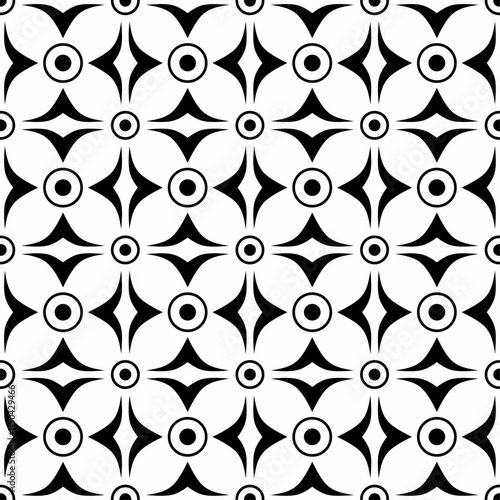Seamless black and white geometric pattern, consisting of repeating symmetrical floral shapes. Suitable for backgrounds, wallpapers, textile designs, prints, decorative projects, etc.