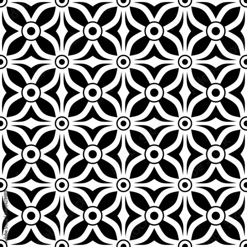 Seamless black and white geometric pattern, consisting of repeating symmetrical floral shapes. Suitable for backgrounds, wallpapers, textile designs, prints, decorative projects, etc.