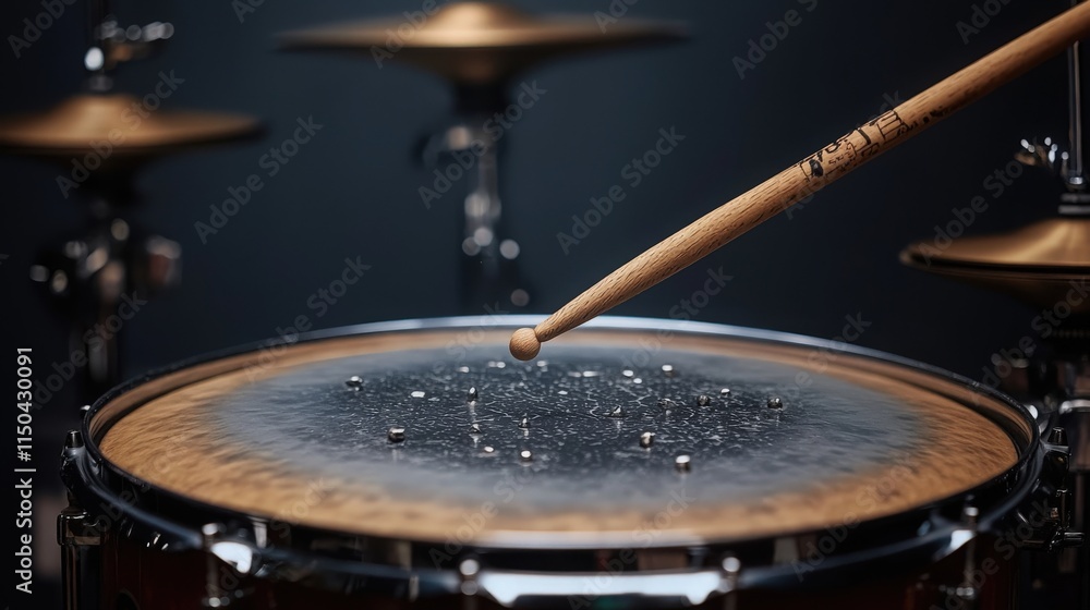 Obraz premium Drumsticks poised above a detailed snare drum in a music studio setting
