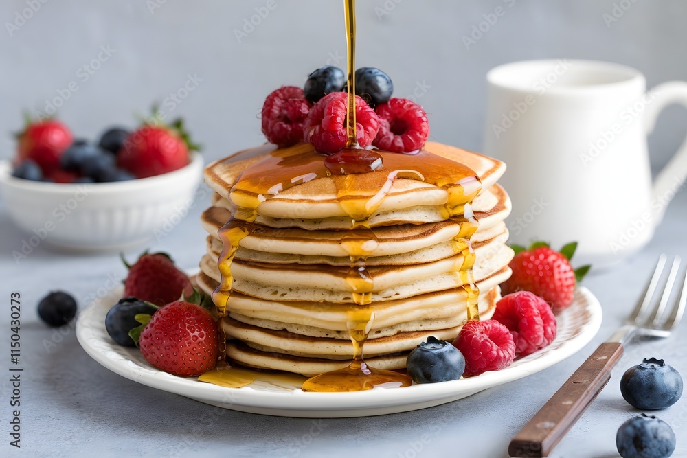 custom made wallpaper toronto digitalStack of Pancakes with Berries and Syrup Pouring Over.