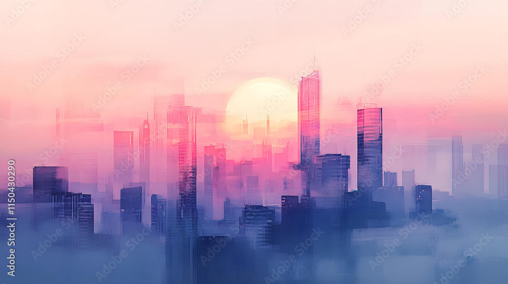 Fototapeta premium A futuristic skyline blending sharp lines with soft watercolor hues against a glowing sunset.