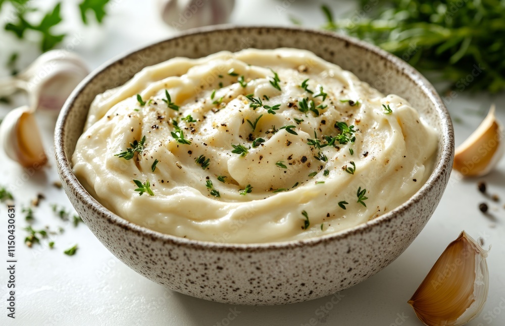 Bowl of mayonnaise with garlic and herbs on white background Bowl of mayonnaise with garlic and herbs on white background