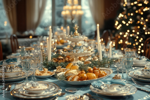 Elegant holiday feast table with centerpiece, glowing candles, vintage dinnerware and fruits, cozy and warm festive atmosphere.  
 photo