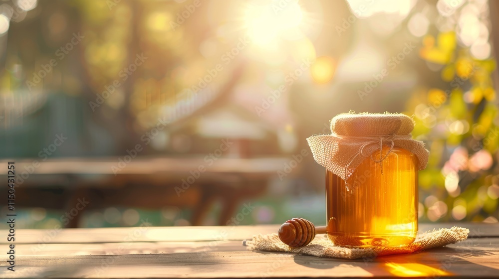 Beautiful amber honey in a jar stands on a wooden table. Background with honey.