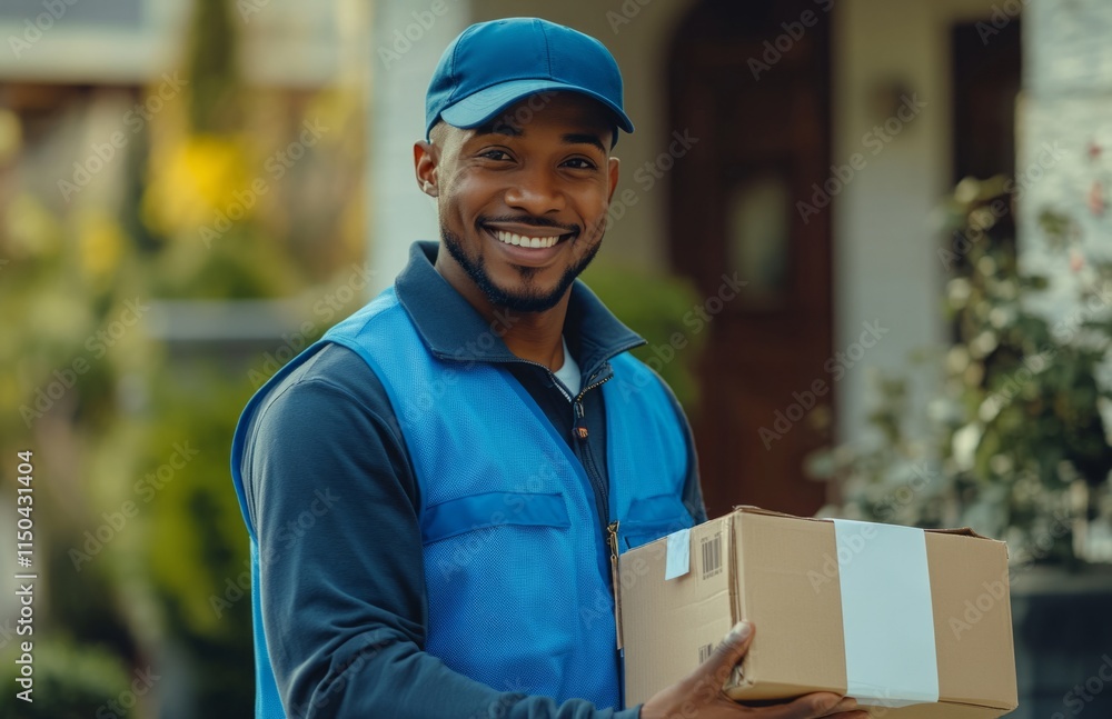 Smiling Black delivery person with package in front of house garden background Smiling Black delivery person with package in front of house garden background