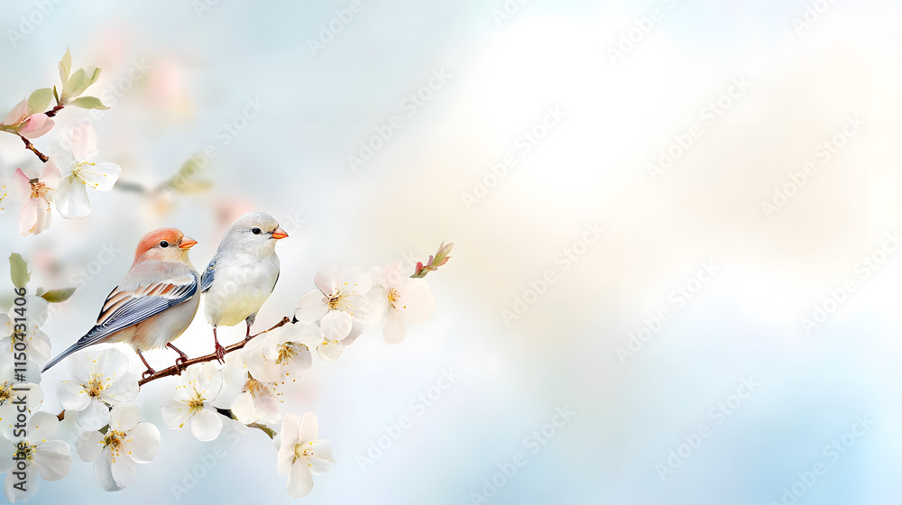 Obraz premium Artistic watercolor depiction of love birds perched on branch with flowers