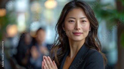Wallpaper Mural Confident Asian businesswoman with hands pressed together, smiling gently. Torontodigital.ca