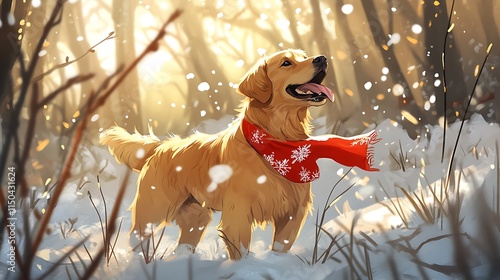 A golden retriever with a red bandana standing joyfully in a snowy forest, snowflakes falling gently and sunlight peeking through frosty branches.