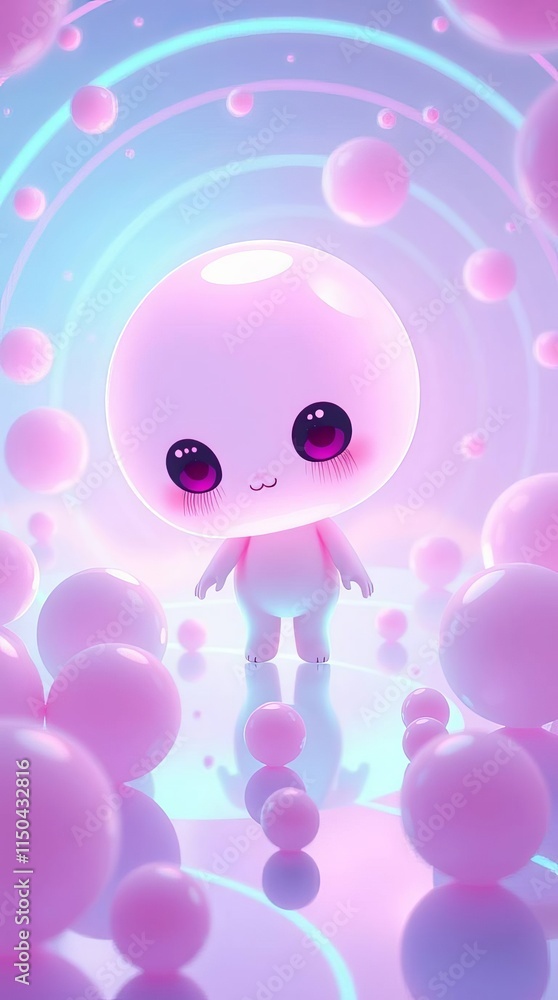 A charming 3D scene with pastel colors featuring cute, round, cat-like creatures and luminous bubbles, creating a serene and dreamy landscape. A charming 3D scene with pastel colors featuring cute, round, cat-like creatures and luminous bubbles, creating a serene and dreamy landscape.