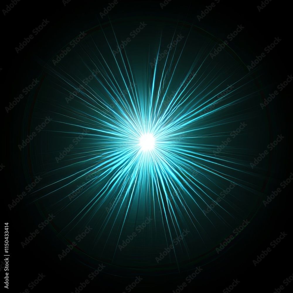 Obraz premium Bright Turquoise Light Emanating From a Central Point, Surrounded by Radiant Beams in a Dark Setting, Creating a Mesmerizing Visual Effect