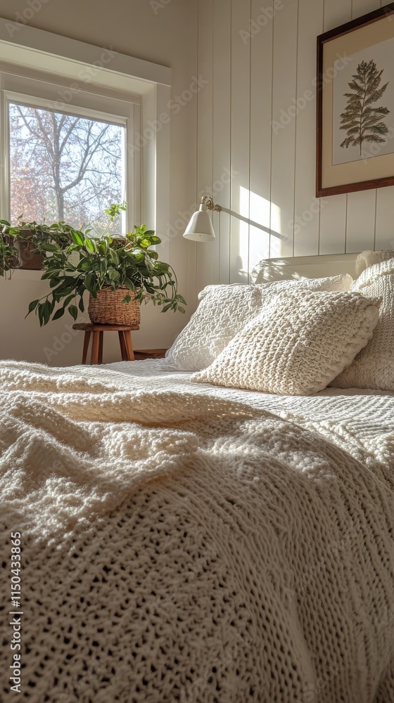 Cozy and inviting bedroom featuring warm decor and textured bedding Cozy and inviting bedroom featuring warm decor and textured bedding