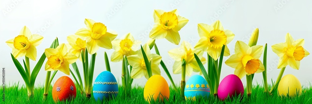 Daffodils Hyacinths And Decorated Eggs On Green Meadow - Easter Holiday Background blank space Daffodils Hyacinths And Decorated Eggs On Green Meadow - Easter Holiday Background blank space