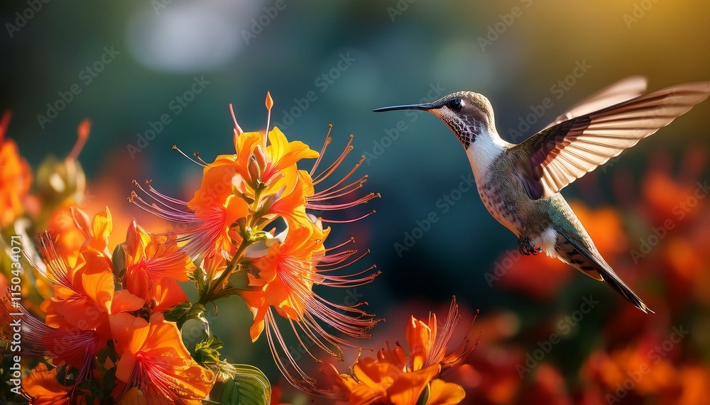 Fototapeta premium Generated image Hummingbird hovering near bright orange flowers in a lush garden