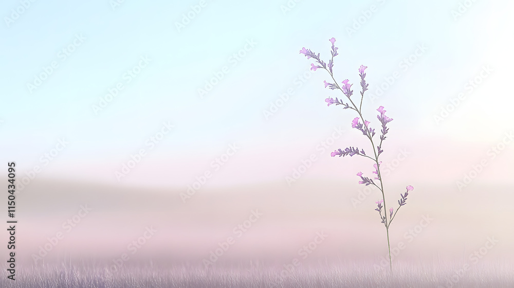 A single lavender sprig with tiny violet blossoms swaying gently in the breeze against a hazy field. A single lavender sprig with tiny violet blossoms swaying gently in the breeze against a hazy field.