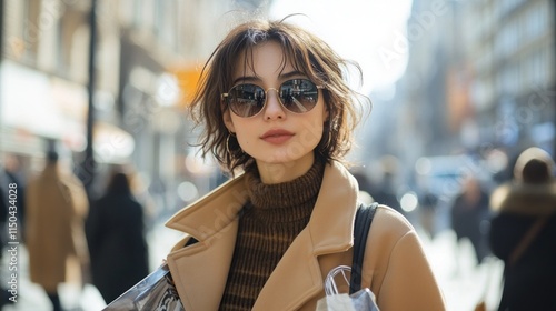 A fashionable woman in her late 20s walks through a bustling city square, wearing sunglasses and carrying shopping bags while soaking up the vibrant atmosphere. photo