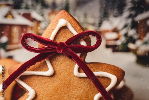 A Christmas gingerbread cookie shaped like a tree, decorated with icing and a red velvet bow, sits among miniature houses. photo