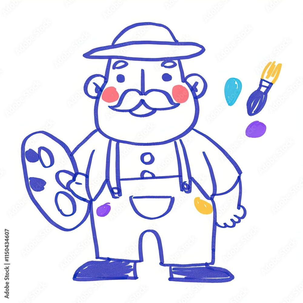 Happy Artist Holds Palette, Paints with Brush, Joyfully Creating Artwork Happy Artist Holds Palette, Paints with Brush, Joyfully Creating Artwork