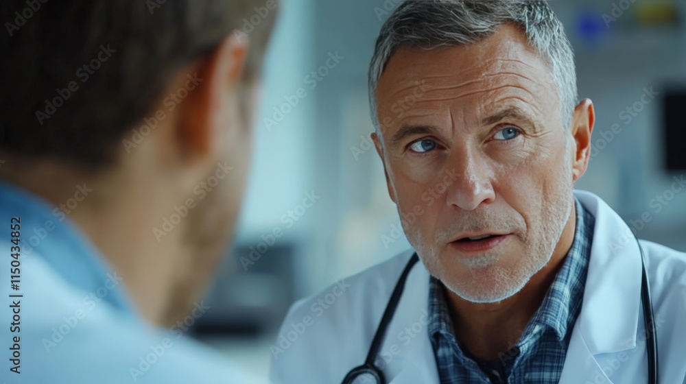 Fototapeta premium A man healthcare professional listens attentively to a patient in a bright, welcoming office, creating a supportive atmosphere during a routine check-up. Generative AI