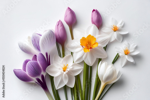 Frühlingsblumen, Osterglocke, Narzisse, krokus, lila, gelb, orange, weiß, Blüten auf weißem Hintergrund 2