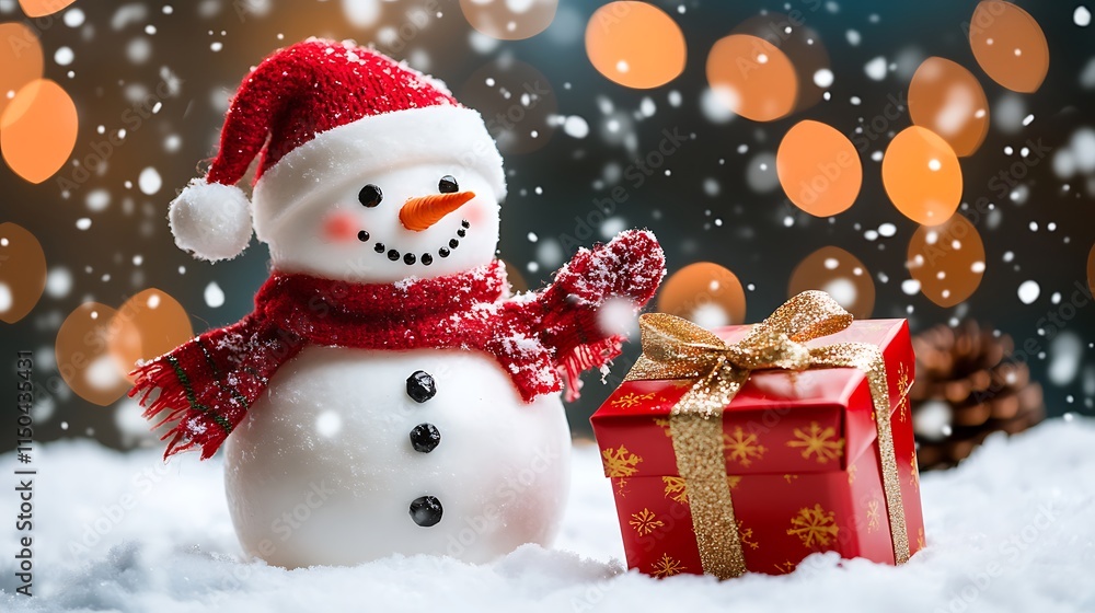 A joyful Christmas snowman standing on a snowy surface, holding a red gift box in its hand. Snowflakes gently fall around. A joyful Christmas snowman standing on a snowy surface, holding a red gift box in its hand. Snowflakes gently fall around.