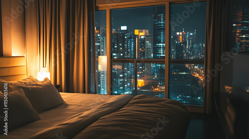 A sleek bedroom with neutral tones soft lighting and a balcony offering a breathtaking view of a glittering metropolis. photo