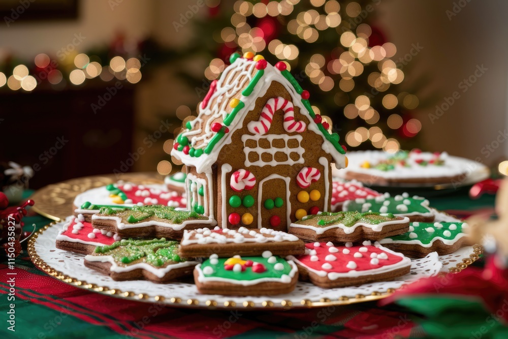Fototapeta premium A charming gingerbread house surrounded by festive cookies, creating a delightful Christmas scene.