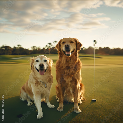 Two dogs are sitting on a green golf course