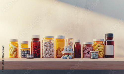 Pharmacy medicine pills display home shelf product showcase well-lit room close-up view health and wellness concept photo