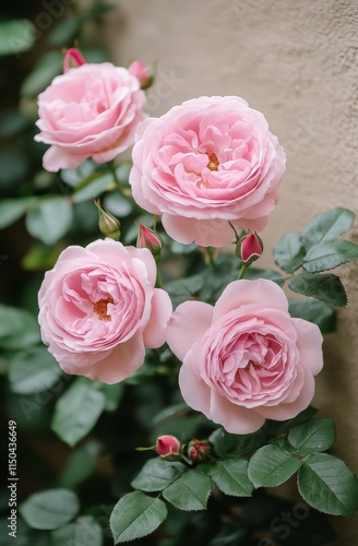 Beautiful blooming pink roses with lush green leaves in a garden setting