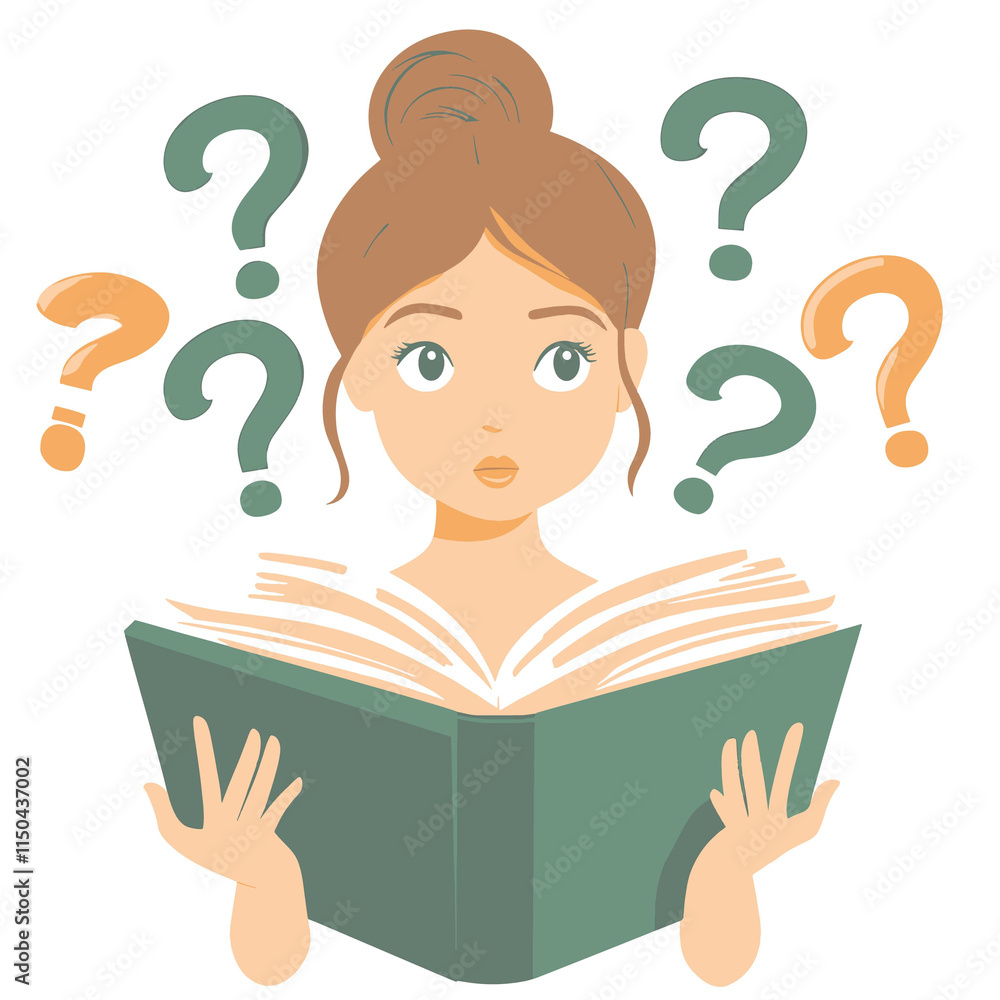 woman Looking at an open book full of question marks vector woman Looking at an open book full of question marks vector
