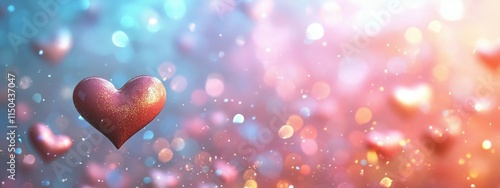Colorful hearts float gently in a dreamy background of shimmering bokeh lights