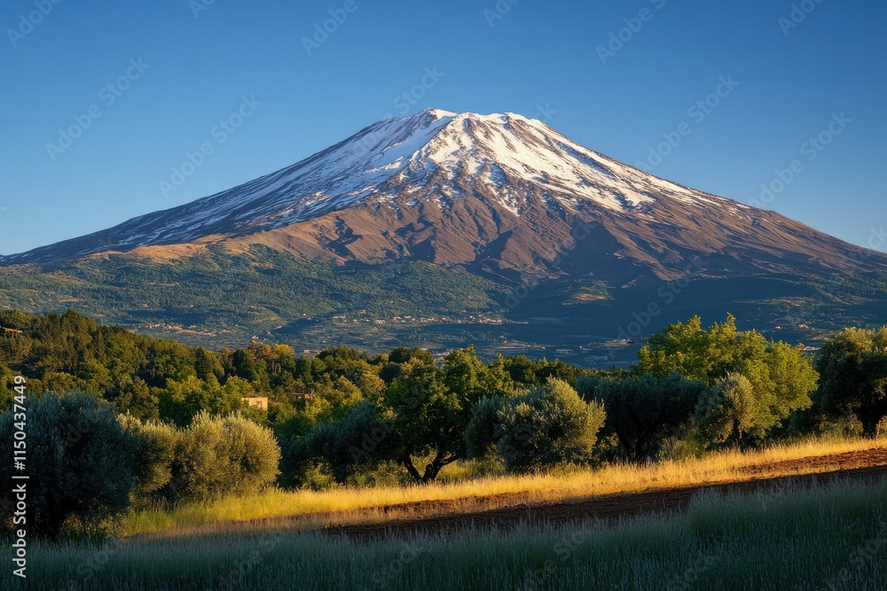 Fototapeta premium Majestic snow capped volcano overlooking a verdant landscape