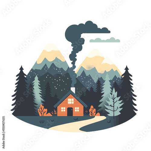  simple A mountain scene with a cozy cabin and smoke rising. flar vector