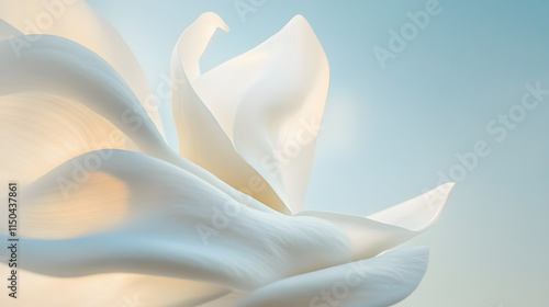 A soft white magnolia bloom with waxy petals perfectly illuminated against a twilight sky. photo