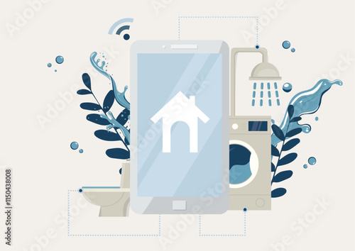 Smart Home Water-Saving Technology Mobile App Concept.  illustration of smart home water conservation technology featuring mobile phone, connected bathroom fixtures, and innovative water management
