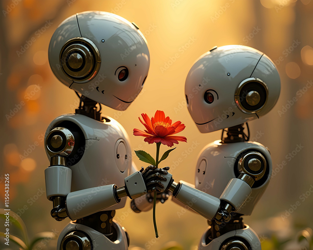 Robots with Emotions: A cheerful robot offering a flower to an unseen companion. Generative AI Robots with Emotions: A cheerful robot offering a flower to an unseen companion. Generative AI