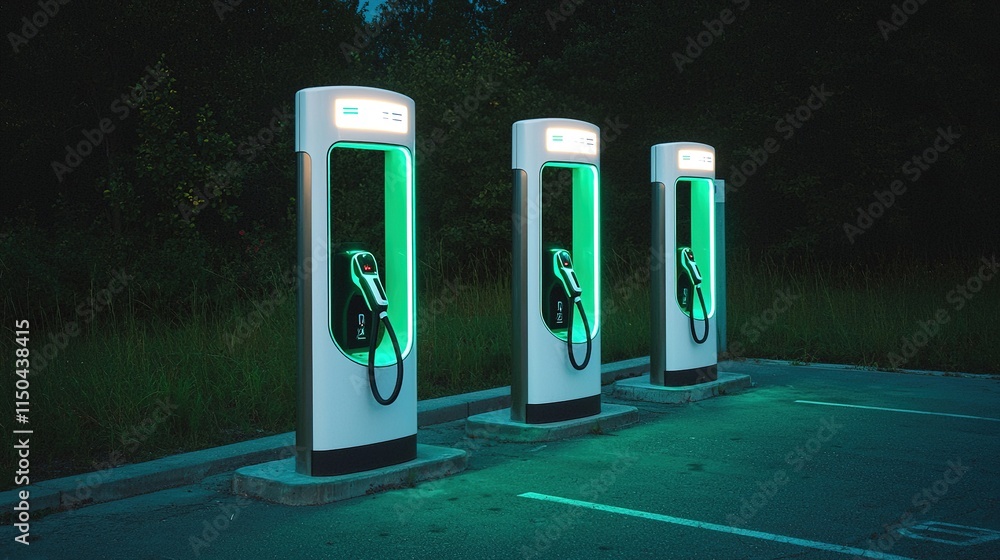 custom made wallpaper toronto digitalThree electric vehicle charging stations illuminated in green at night, showcasing modern infrastructure for sustainable transportation.