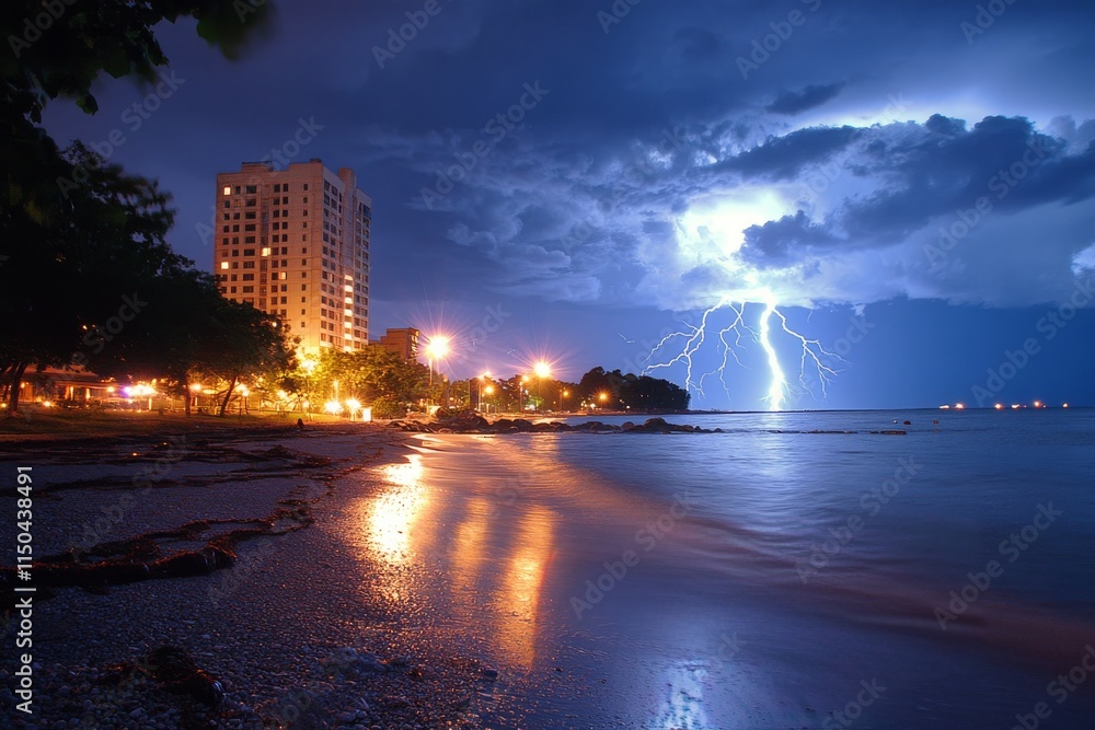 Lightning strikes illuminate a coastal town during a stormy night Lightning strikes illuminate a coastal town during a stormy night