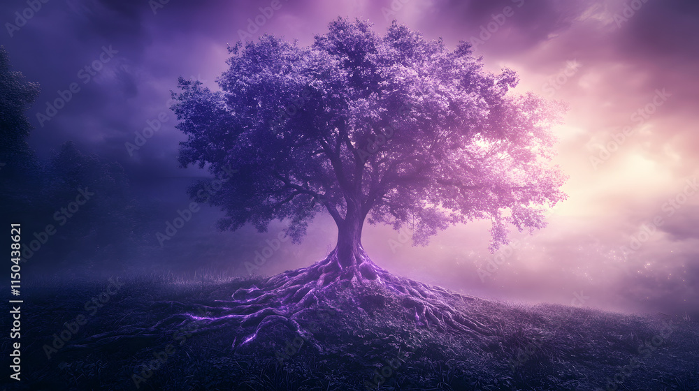 A magical meadow named Ladesha where trees with glowing roots stretch toward a shimmering violet sky. A magical meadow named Ladesha where trees with glowing roots stretch toward a shimmering violet sky.