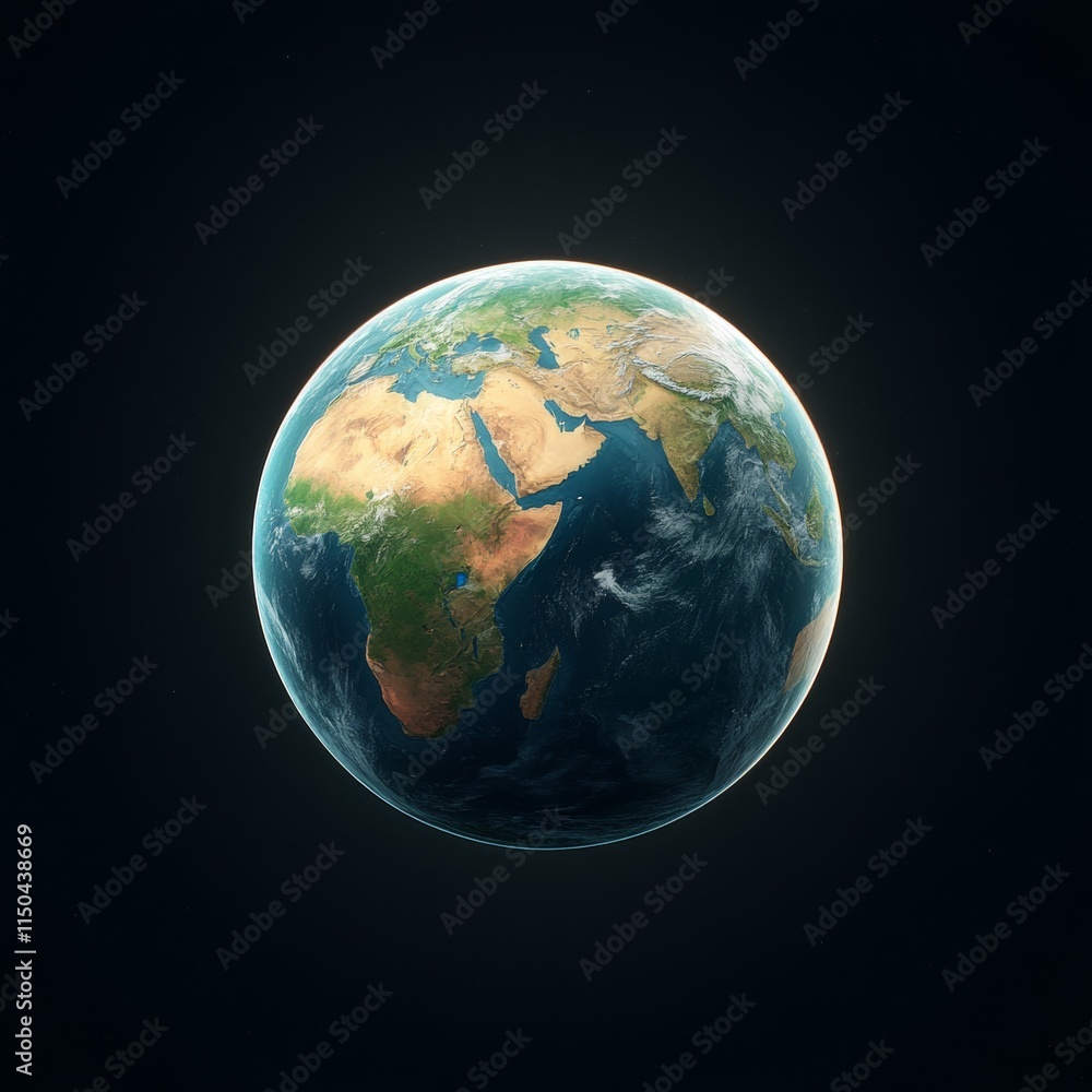Detailed view of Earth from space focusing on Africa and Asia continents, dark space background, vibrant natural colors Detailed view of Earth from space focusing on Africa and Asia continents, dark space background, vibrant natural colors
