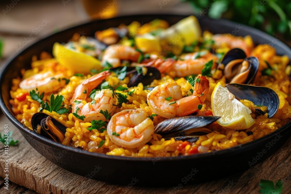 seafood paella in a rustic cast iron pan, featuring a vibrant mix of shrimp, mussels, and calamari, garnished with fresh parsley and lemon wedges seafood paella in a rustic cast iron pan, featuring a vibrant mix of shrimp, mussels, and calamari, garnished with fresh parsley and lemon wedges