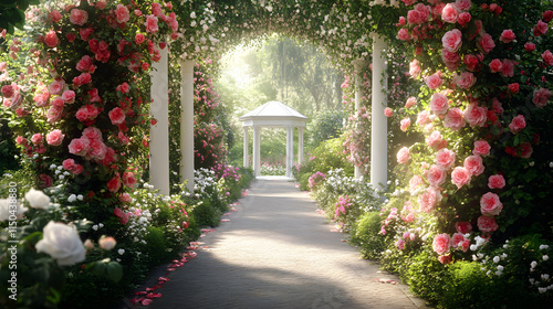Fototapeta Naklejka Na Ścianę i Meble -  serene rose garden path lined with vibrant blossoms and gazebo