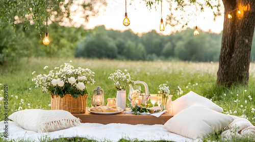 romantic picnic dinner setup with low table, flowers, and soft lighting