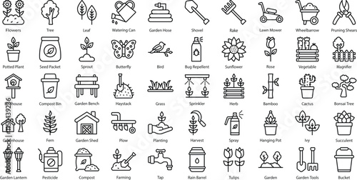 Garden Icon Set: 50 Vibrant Outline Vector Icons in Black