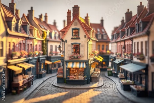 A charming miniature European village street scene at sunset, featuring a quaint bakery shop. photo